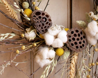 Cotton and Craspedia Wreath - Spring Wreath - Cotton Bolls - Wedding Decor