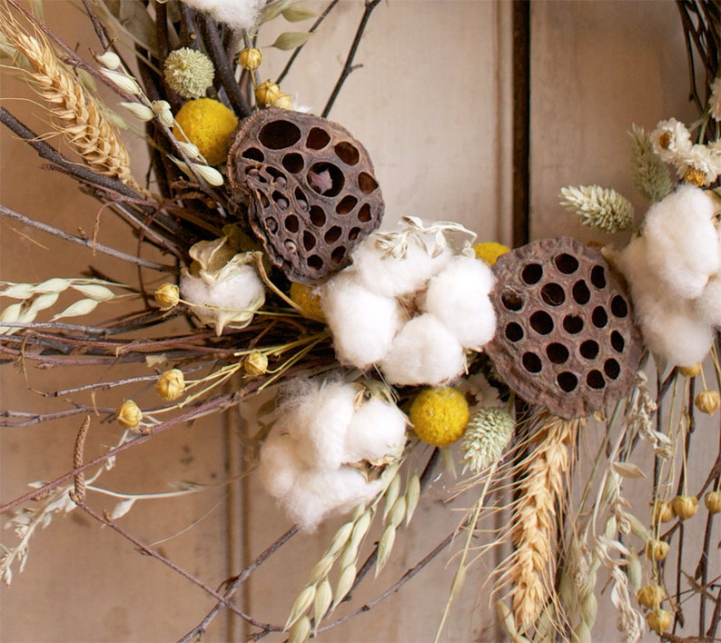 Cotton and Craspedia Wreath Spring Wreath Cotton Bolls Wedding Decor image 2