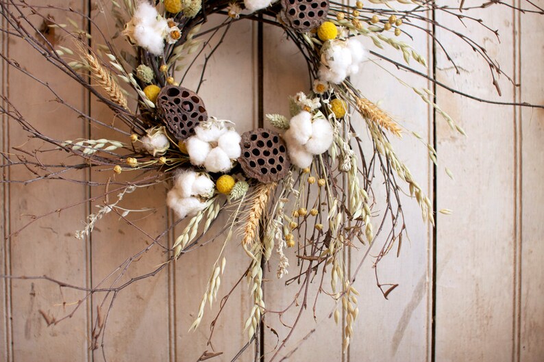 Cotton and Craspedia Wreath Spring Wreath Cotton Bolls Wedding Decor image 5