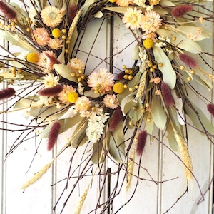 Dried Flower Wreath: Strawflower, Craspedia, Hare's Tail, Birch Branch