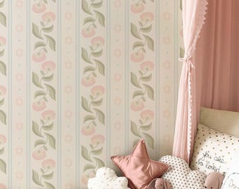 Soft Pink Vintage Floral Stripe Wallpaper - Removable Wall Decor for Girls Bedroom Nursery or Use as Contact Paper for Shelf & Drawer Liner