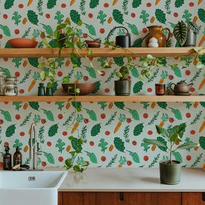 Garden Veggies Peel and Stick Wallpaper: Fun Retro Farmhouse Contact Paper for Colorful Removable Kitchen Shelf or Drawer Liner