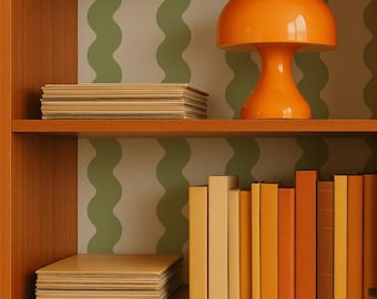 Soft Sage Green Wallpaper:  Removable Scalloped Edge Squiggle Stripe Peel and Stick