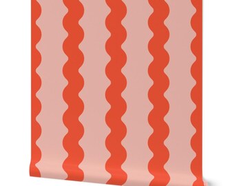 Papel pintado de rayas rojas festoneadas: pared decorativa estilo bohemio autoadhesiva.