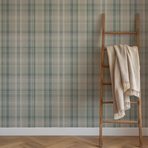 Beige and Sage Green Plaid Wallpaper Grasscloth Textured Look Wall Paper or Adhesive Shelf Backing DIY Peel and Stick Removable Accent Wall