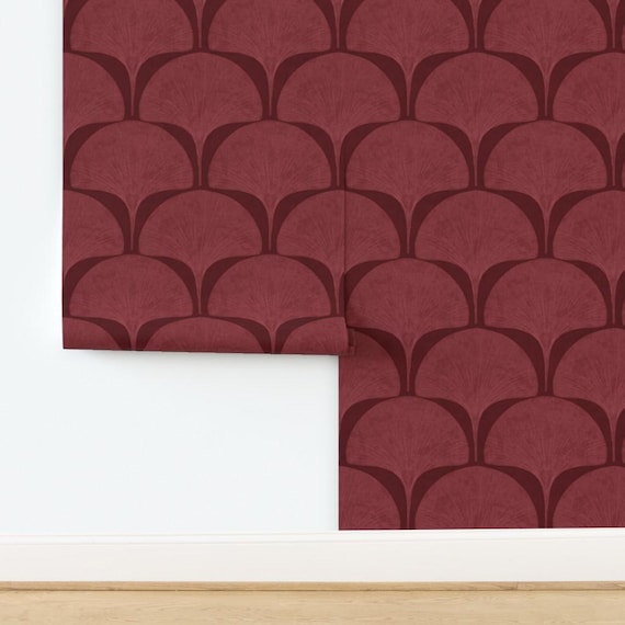 Deep Red Ginkgo Leaf Wallpaper: Maroon Art Deco Peel & Stick Removable Wall Art