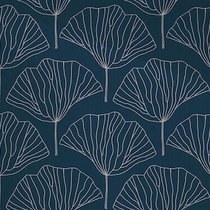 May include: A repeating pattern of stylized white leaf shapes on a dark teal background. The leaves have a fan-like structure with detailed vein lines, creating a modern, botanical design. The pattern is evenly spaced.