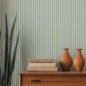 May include: A wooden dresser with a stack of books and two terracotta vases. The background features a green and white striped wallpaper. A tall, green plant is visible on the left side of the image.
