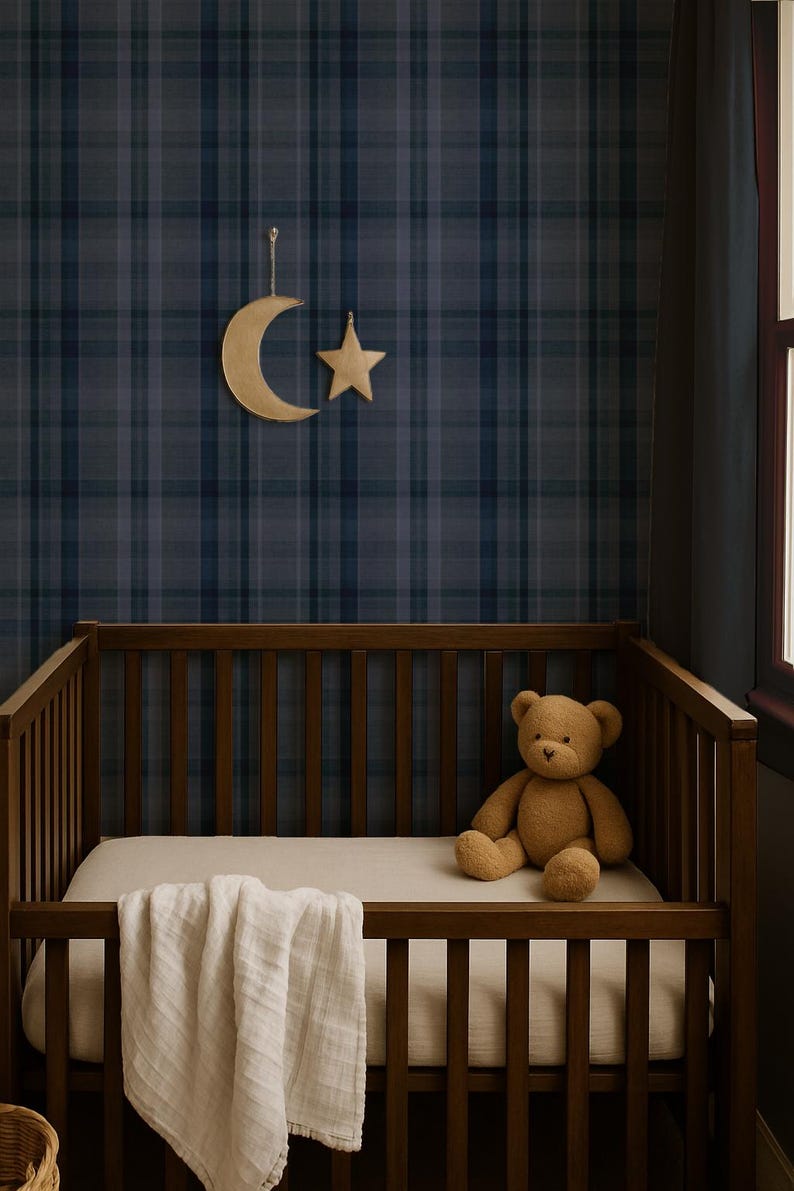 Moody Nursery Wallpaper: Dark Navy Blue Plaid for Little Man Cave or ...