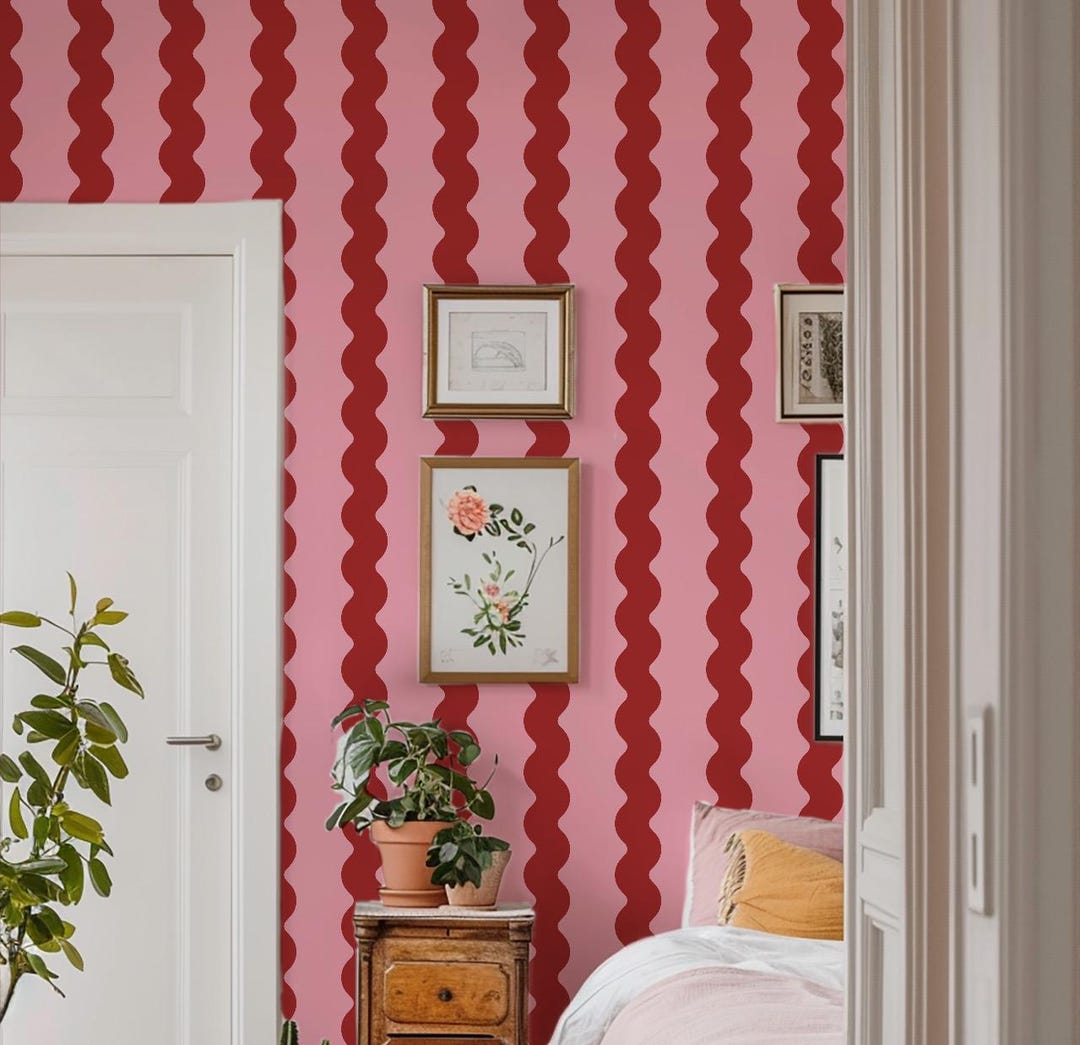 Pink & Burgundy Squiggle Stripe Wallpaper - Retro Peel and Stick Wall ...