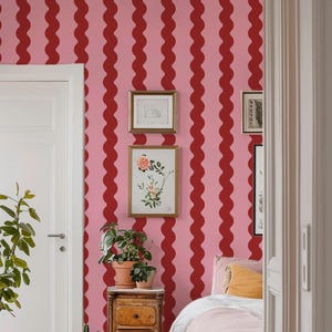 Burgundy Red and Pink Stripe Wallpaper - Modern Squiggle Stripe Peel and Stick Removable Wall Decor in Pastel Pink & Maroon Bold Girly Style