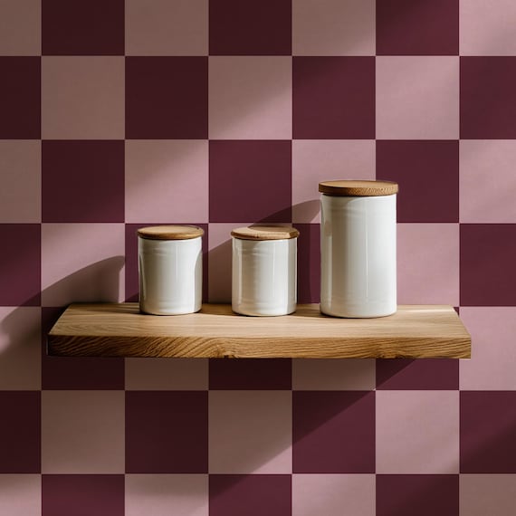 Moody Checkered Tile Wallpaper: Maroon and Pink Peel and Stick or Unpasted Accent Wall for Dark Cottagecore Kitchen
