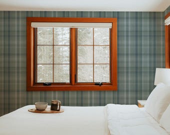 Retro Plaid Wallpaper: Preppy Blue Green Textured Peel and Stick Accent Wall Traditional Equestrian Style