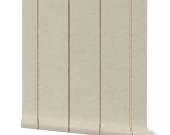 May include: Beige wallpaper with thin brown vertical stripes. The wallpaper has a subtle linen texture.