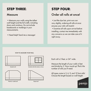 Puede incluir: Gr&aacute;fico informativo con instrucciones para medir paredes para papel pintado. El texto incluye "Medir", "&iexcl;Pide todos los rollos a la vez!" y diagramas para diferentes tipos de pared. Cada rollo mide 61 cm de ancho. El logotipo de la marca "pemjo" est&aacute; en la esquina inferior derecha.