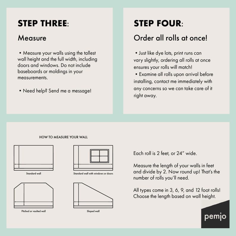 Puede incluir: Gr&aacute;fico informativo con instrucciones para medir paredes para papel pintado. El texto incluye "Medir", "&iexcl;Pide todos los rollos a la vez!" y diagramas para diferentes tipos de pared. Cada rollo mide 61 cm de ancho. El logotipo de la marca "pemjo" est&aacute; en la esquina inferior derecha.