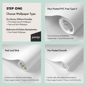 Puede incluir: Imagen de opciones de papel pintado. El texto dice "PASO UNO: Elige el tipo de papel pintado" y detalla opciones: Pre-encolado liso, Pelar y pegar y No encolado. Se muestran rollos de papel pintado blanco, con detalles sobre la textura y la aplicaci&oacute;n.