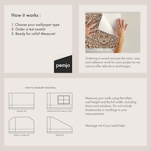 Pu&ograve; includere: Grafico informativo con istruzioni per l'installazione della carta da parati. I passaggi includono la scelta di un tipo, l'ordinazione di un campione e la misurazione. I diagrammi mostrano come misurare le pareti, inclusi standard, con finestre, spioventi e inclinati.