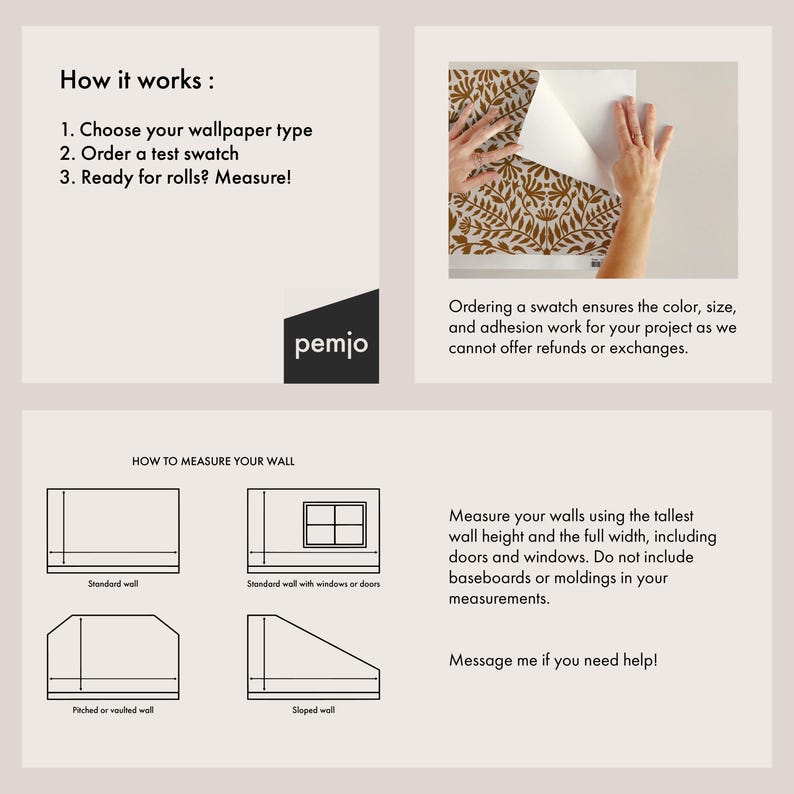 Pu&ograve; includere: Grafico informativo con istruzioni per l'installazione della carta da parati. I passaggi includono la scelta di un tipo, l'ordinazione di un campione e la misurazione. I diagrammi mostrano come misurare le pareti, inclusi standard, con finestre, spioventi e inclinati.