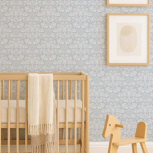 Soft Blue Damask Wallpaper: Vintage Floral Peel and Stick Baby Nursery Decor