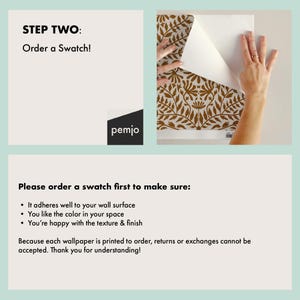 Puede incluir: Una muestra de papel pintado con un patr&oacute;n floral marr&oacute;n se est&aacute; despegando para revelar el dise&ntilde;o. El texto "STEP TWO: Order a Swatch!" est&aacute; en la parte superior, con el logotipo de la marca "pemjo" debajo. Texto adicional aconseja pedir una muestra.