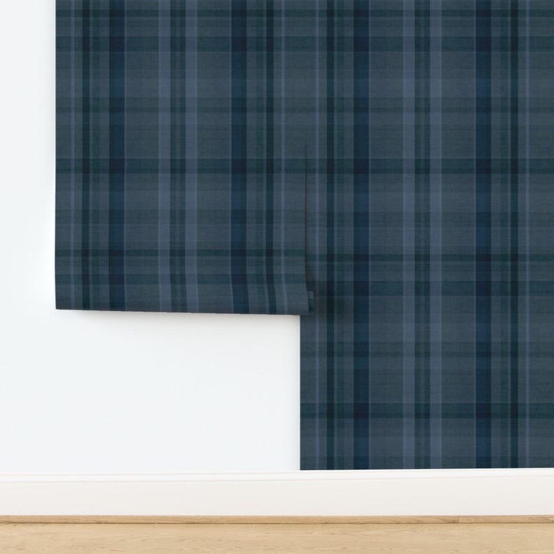 Moody Nursery Wallpaper: Dark Navy Blue Plaid for Little Man Cave or ...