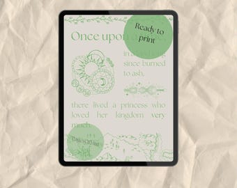 May include: A digital tablet screen displaying a printable design with the text "Ready to print" and "Once upon a time in a land long since burned to ash, there lived a princess who loved her kingdom very much." The design features a stylised sun and moon with a map and the text "Pages of Mist".