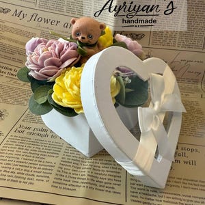 Flower Soap Arrangement, Gift For Her, Handmade Decorative Soap, Peony Flowers Soap Gift, bear and seven flowers in a heart