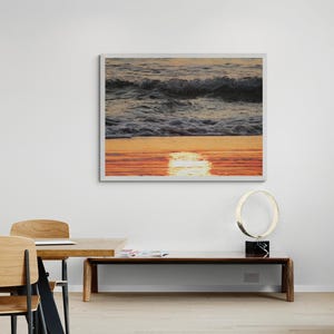 Beach Sunset Poster, Coastal Wall Art, Ocean Waves Photography Print, Sunset Beach Decor, Relaxing Wall Art, Ready to Hang Poster