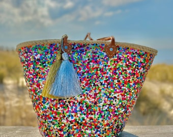 XL Bohemian Straw Bag Sequins Multi- Woven Straw BeachBag Leather Handles - Boho Hippie Basket Bag- Shoulder Beach Bag - Boho Panier
