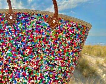 XL Bohemian Straw Bag Sequins Multi - Woven Straw BeachBag Leather Handles - Basket Bag- Shoulder Beach Bag - Boho Panier