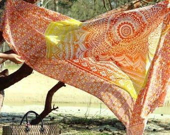 XXL Handprinted Mandala Bohemian 100% Cotton Beach Blanket - Yellow Orange Ombre - 220x235cm | Extra Large Throw Beach, Picnic Vibes - Towel