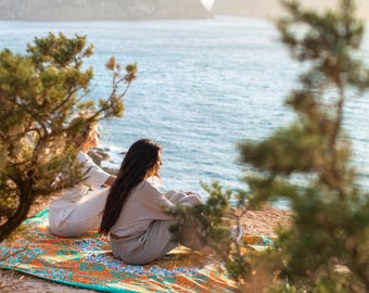 XXL Handprinted Mandala Bohemian 100% Cotton Beach Blanket - Tropical Star – 220x235cm | Extra Large Throw Beach, Picnic Vibes - Towel