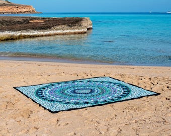 XXL Handprinted Mandala Bohemian 100% Cotton Beach Blanket - Hippie Purple Circle– 220x235cm | Extra Large Throw Beach, Picnic Vibes - Towel