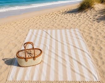 XXL Bohemian Haman Towel – 235x220cm - Quick Drying Cotton Blend – Beach Blanket, Picnic Throw, Bedspread – Beige White Stripes