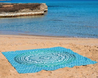 XXL Handprinted Mandala Bohemian 100% Cotton Beach Blanket - Green Ombre – 220x235cm | Extra Large Throw Beach, Picnic Vibes - Towel
