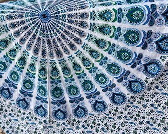 XXL Handprinted Mandala Bohemian 100% Cotton Beach Blanket - Ocean Blue White– 220x235cm | Extra Large Throw Beach, Picnic Vibes - Towel