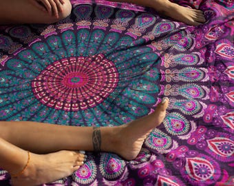 XXL Handprinted Mandala Bohemian 100% Cotton Beach Blanket - Purple Paradise – 220x235cm | Extra Large Throw Beach, Picnic Vibes - Towel