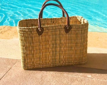 Large Bohemian Straw Bag - Woven Straw Beach Bag Leather Handles - Boho Hippie Basket Bag- Shopper Bag - Boho Panier