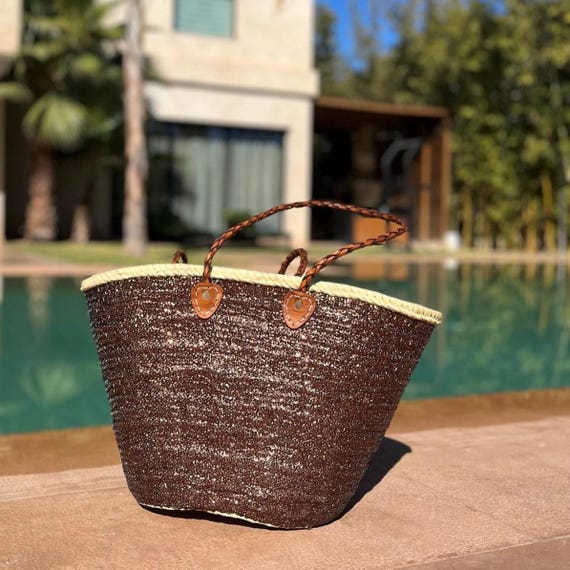 XL Bohemian Straw Bag Sequins Brown Woven Straw Beachbag Leather - Main Image