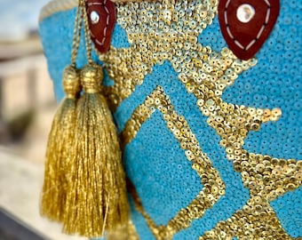 XL Bohemian Straw Bag Sequins Gold Turquoise- Woven Straw BeachBag Leather Handles - Tassel Basket Bag- Shoulder Beach Bag - Boho Panier
