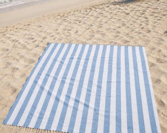XXL Bohemian Haman Towel – 235x220cm - Quick Drying Cotton Blend – Beach Blanket, Picnic Throw, Bedspread – Light Blue White Stripes