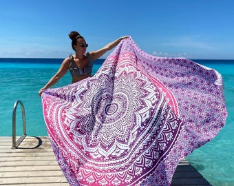 XXL Handprinted Mandala Bohemian 100% Cotton Beach Blanket - Pink Purple Ombre – 220x235cm | Extra Large Throw Beach, Picnic Vibes - Towel