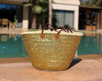XL Bohemian Straw Bag Sequins Golde Woven Straw BeachBag Leather Handles - Tassel Basket Bag- Shoulder Beach Bag - Boho Panier