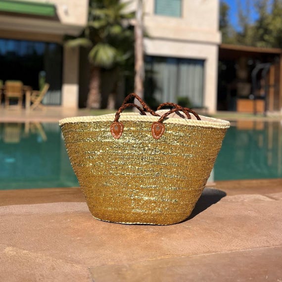 XL Bohemian Straw Bag Sequins Golde Woven Straw Beachbag Leather