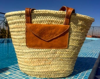 Luxury Bohemida Handcrafted Handbag and Shopper – Straw Tote Bag with Leather Pocket – Shoulder & Hand Carry – Boho Style
