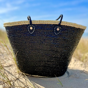XL Bohemian Straw Bag Sequins Black Woven Straw BeachBag Leather Handles - Tassel Basket Bag- Shoulder Beach Bag - Boho Panier