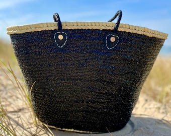 XL Bohemian Straw Bag Sequins Black Woven Straw BeachBag Leather Handles - Tassel Basket Bag- Shoulder Beach Bag - Boho Panier