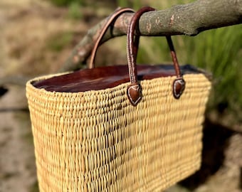Large - Zip Closure - Bohemian Straw Bag - Woven Straw Beach Bag Leather Handles - Boho Hippie Basket Bag- Shopper Bag