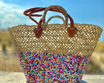 XL Bohemian Straw Bag Sequins Multi Crochet -Straw BeachBag Leather Handles - Boho Hippie Basket Bag- Shoulder Beach Bag - Boho Panier
